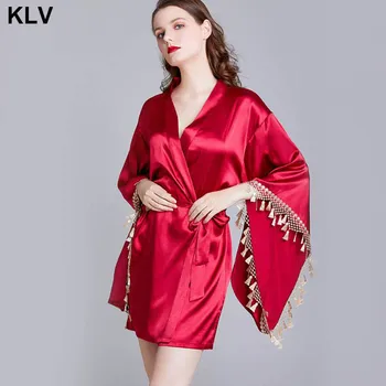 

Women Wine Red Imitation Silk Short Kimono Robe Lace Tassels Stitching Bridesmaids Nightgown Batwing Sleeves Bathrobe