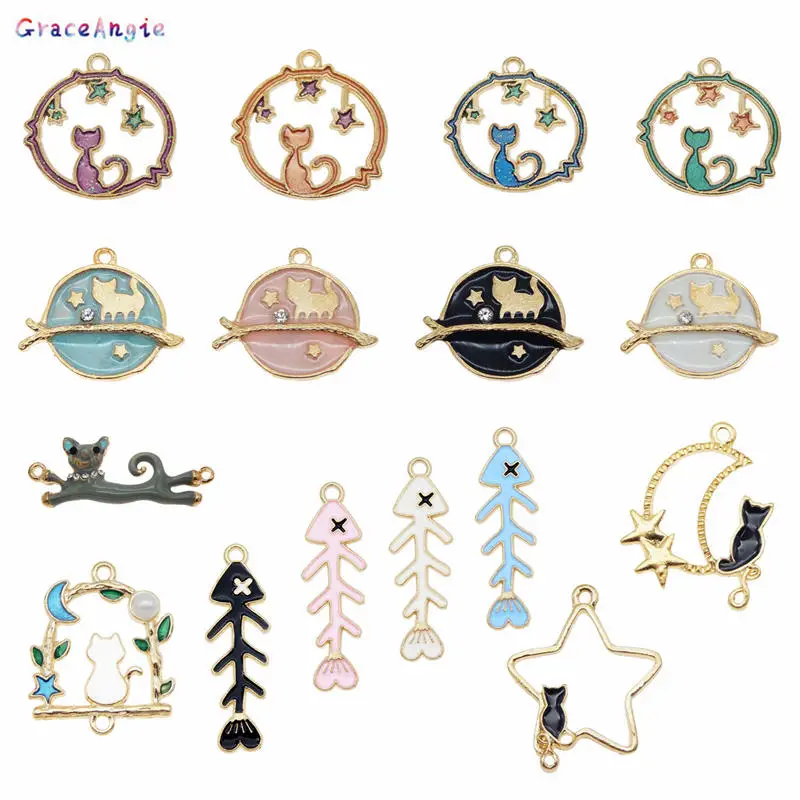 

GraceAngie 10pcs Alloy Enamel Cute Cat Fishbone Mixed Shapes Charms For Necklace Bracelet Earrings Pendant Jewelry DIY Findings