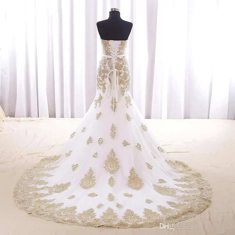

Sexy Mermaid White And Gold Wedding Dress Cheap Real Photos Sweetheart Chapel Train Applique Lace Bridal Dress For Women Girls N