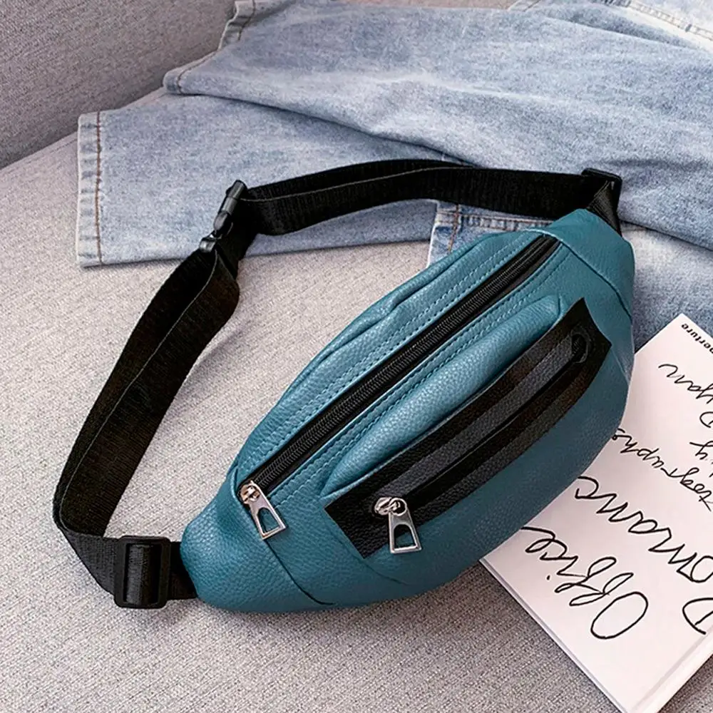 Blue Модный пояс из искусственной кожи, Женская однотонная поясная сумка, двойная молния, нагрудная сумка, черный, синий, поясная сумка для женщин/E - Цвет: Blue
