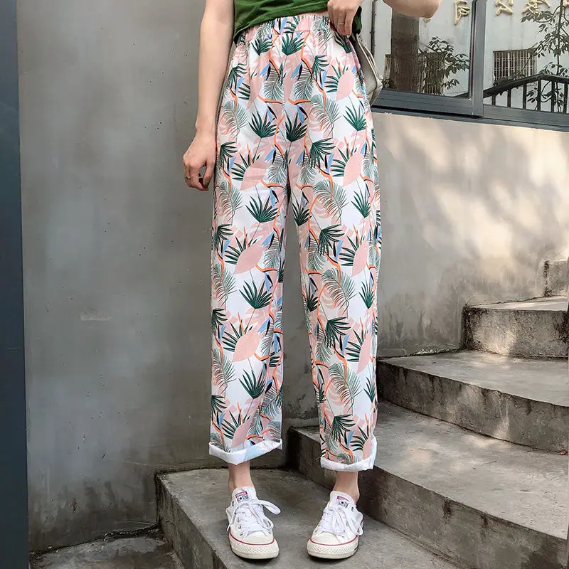 

NiceMix casual Ankle Length pants women Leaf printing Female wide-leg pants elastic Waist straight casual Loose Spring Bottoms
