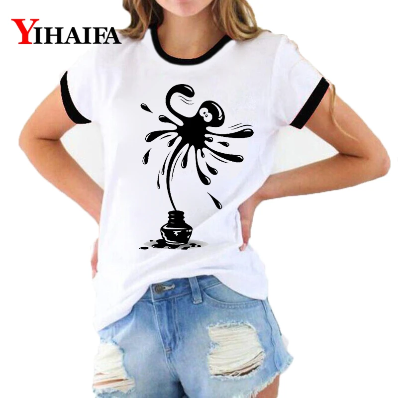 

Women T Shirts Cute Ink Octopus 3D Print Black Animal Graphic Tees Summer Short Sleeve Casual White T-Shirt Ropa Mujer Tops