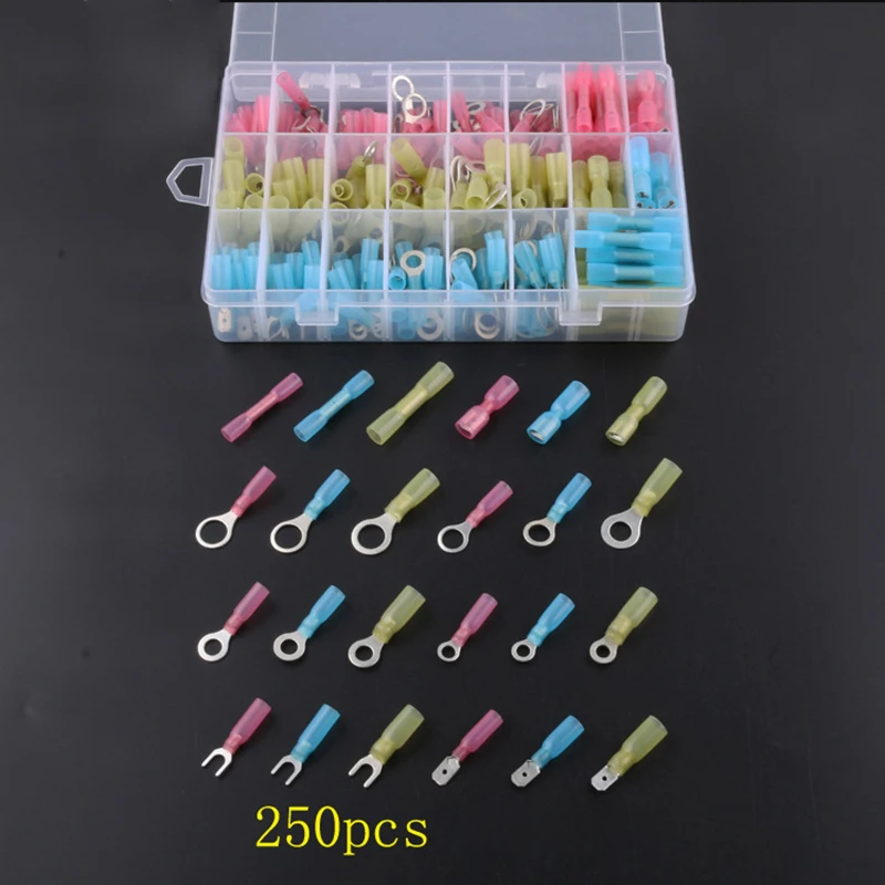 250 PCS/box Heat Shrink Wire Connector Kit Electrical Insulated Crimp Ring Butt Spade Waterproof Marine Automotive Terminals