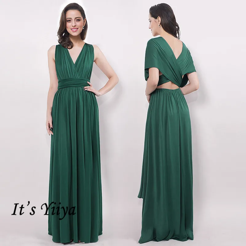 

It's Yiiya Prom Dresses V-Neck Solid Pleat Plus Size Prom A-Line Dresses Sleeveless Backless Lace Up Vestidos De Gala C479