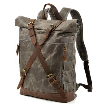 

ABDB-Travel Backpack for Men - Leather-Waxed Canvas Shoulder Rucksack Waterproof Roll Top Mountaineering Bag Large Bag for Trave