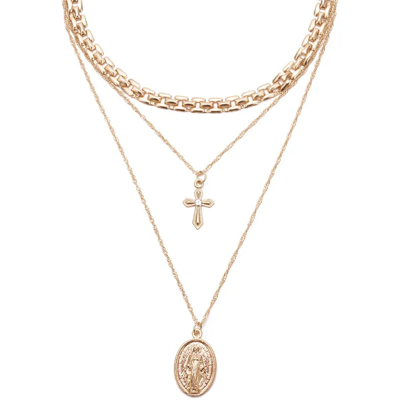 Модные многослойные ожерелья с крестом для женщин очаровательные Чокеры золотой