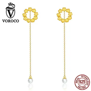 

VOROCO 925 Sterling Silver Dangle Earrings Sun Flower Beads Circle Drop Earrings For Women 2020 Spring Series Wedding BNE290