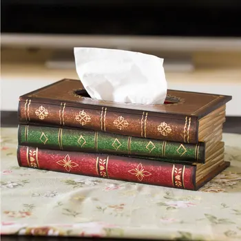 

1pc Wooden Tissue Box Hand-painted Simulation Book Paper Box European Retro Tray Living Room Office Bar Desktop Decor