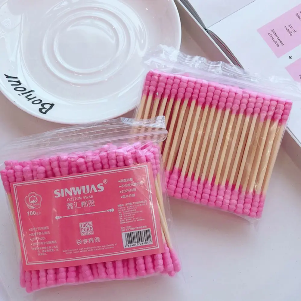 100 Pcs/Pack Pink Double Head Cotton Swab Sticks Female Makeup RemoverCotton Buds Tip For Medical Nose Ears Cleaning