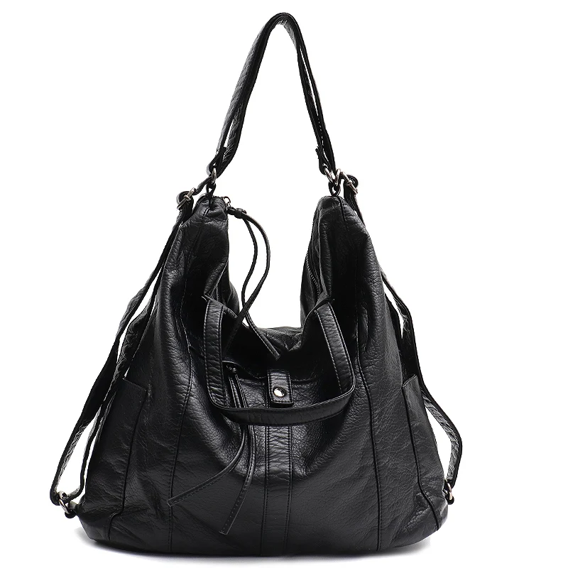 CEZIRA модная женская большая сумка на плечо из омытой искусственной кожи, Дамский мягкий кожаный рюкзак для девушек, функциональный школьный рюкзак - Цвет: Black