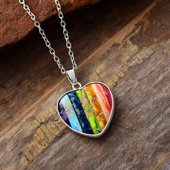 Lovely Natural Stone Heart Pendant Chakra Necklaces Unique Fashion Gems Jewelry Bijoux Wholesale Dropshipping