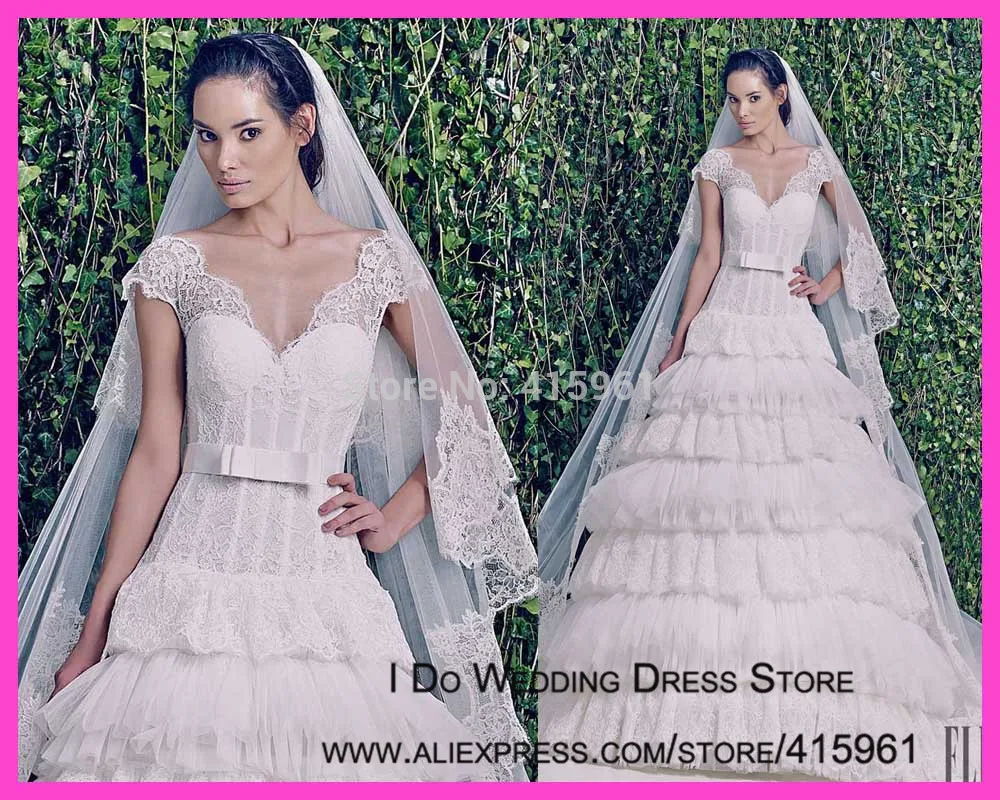 

Vestidos de Casamento V Neck Cap Sleeve A Line Zuhair Murad Wedding Gowns Tiered 2019 Bridal Dresses W3338
