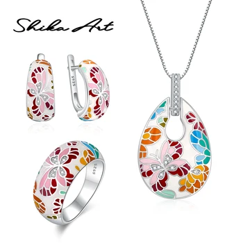 

SHIKA ART Jewelry Sets for Women 925 Sterling Silver butterfly Flowers Pendant Earrings Ring Set Fine Jewelry Handmade Enamel