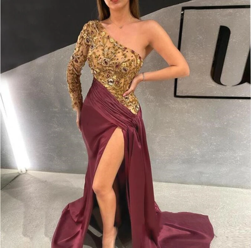 

Design One Shoulder Burgundy Evening Dress Long Sleeve High Slit Sexy Women Party Dresses Crystals Prom Gowns Vestido de festa