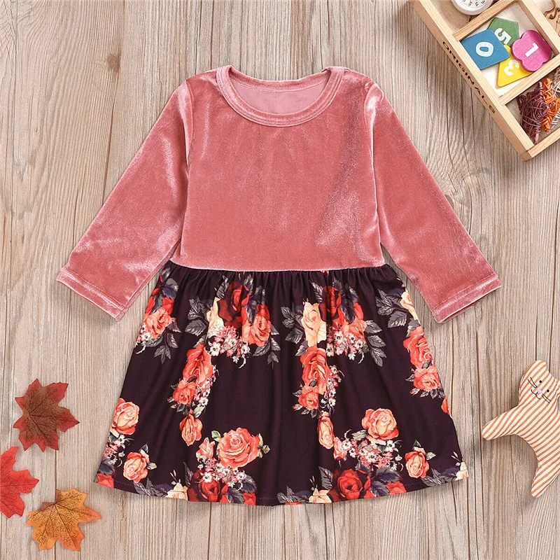 Toddler Infant Baby Girls Velvet Clothes Long Sleeves Floral Princess Dress