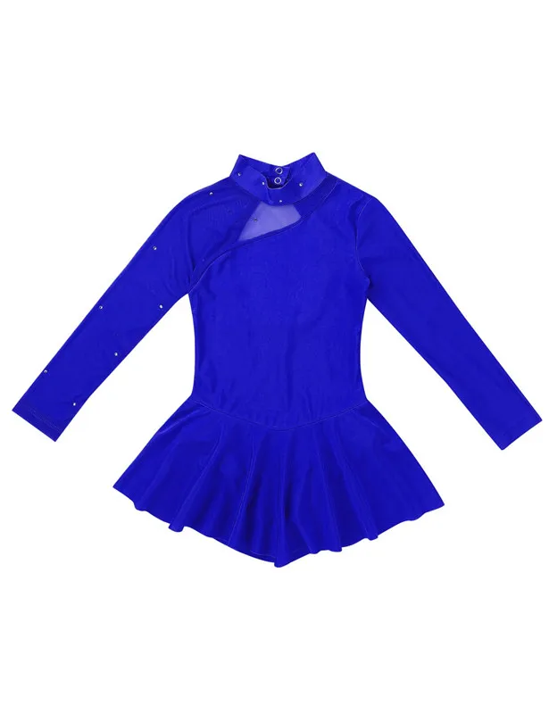 Kids Teens Rhinestones Tulle Long Sleeves Ballet Gymnastics Leotard Girls Performance Lyrical Dance Costume Figure Skating Dress