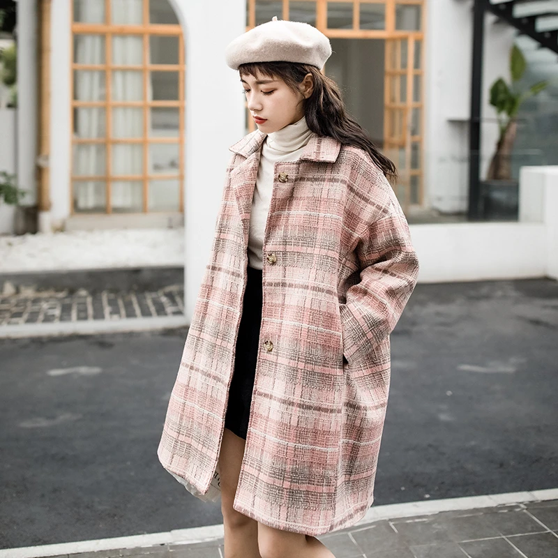 

2019 New style Women Jackets & Coats Medium-long Loose Thick Wool Blends Overcoat Turn-down Collar Pink Grey plaid Pockets Parka