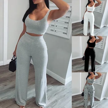 

Women Solid Crop Short Tank Top & Long Pants Set Two Piece Set Casual Look Women Suits