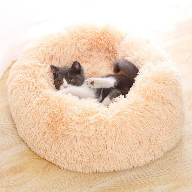 50 см круглые плюшевые кошки кровать дом мягкий длинный плюшевый питомец собака кошка гнездо зимний теплый спальный кот Кровать для питомца коврик для кошки дом - Цвет: beige