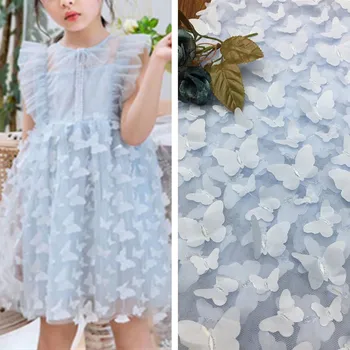 

Adorable Light Blue Butterfly 3D Applique Lace Fabric for Children's Clothing DIY Party Gown Evening Long Dress Sell By the Yard
