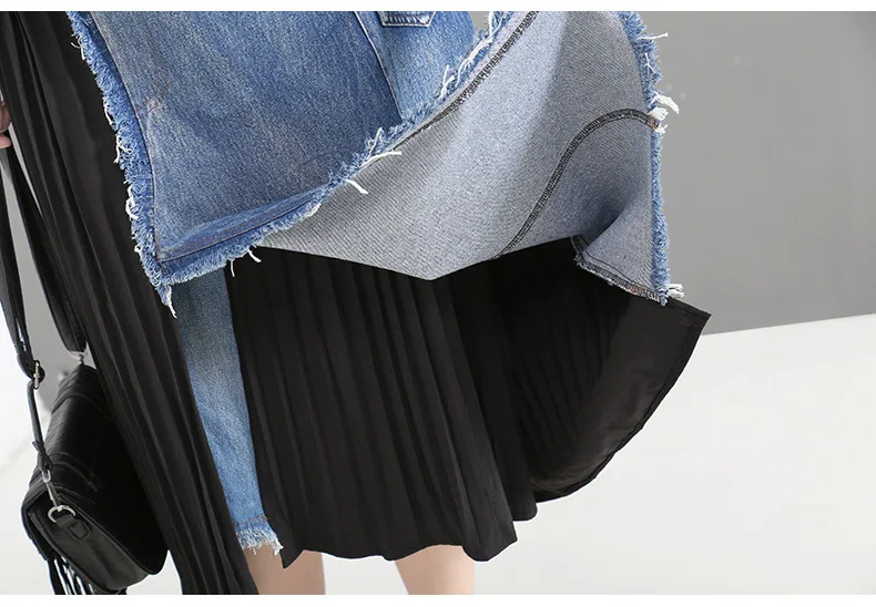 [EAM] джинсовая комбинированная плиссированная Асимметричная джинсовая юбка средней длины с высокой талией Черная Женская модная новая весенняя Осенняя JZ265