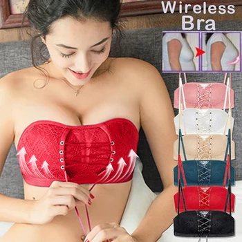 

Litthing Seamless Sexy Bras Women Fashion Push Up Bra Wire Free Lingerie Strapless Drawstring Bra Solid Lace Adjustable Bralette