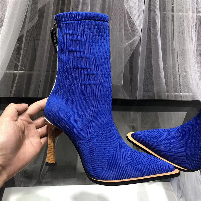Сексуальный носок; сапоги; вязаные эластичные сапоги; женская модная обувь на высоком каблуке; коллекция года; сезон весна-осень; ботильоны; женские ботинки - Цвет: Синий