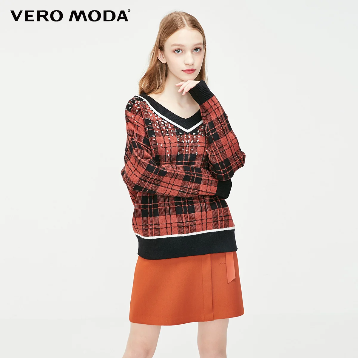 Vero Moda женский свободный крой плед декоративные стразы свитер трикотажные топы | 319113540