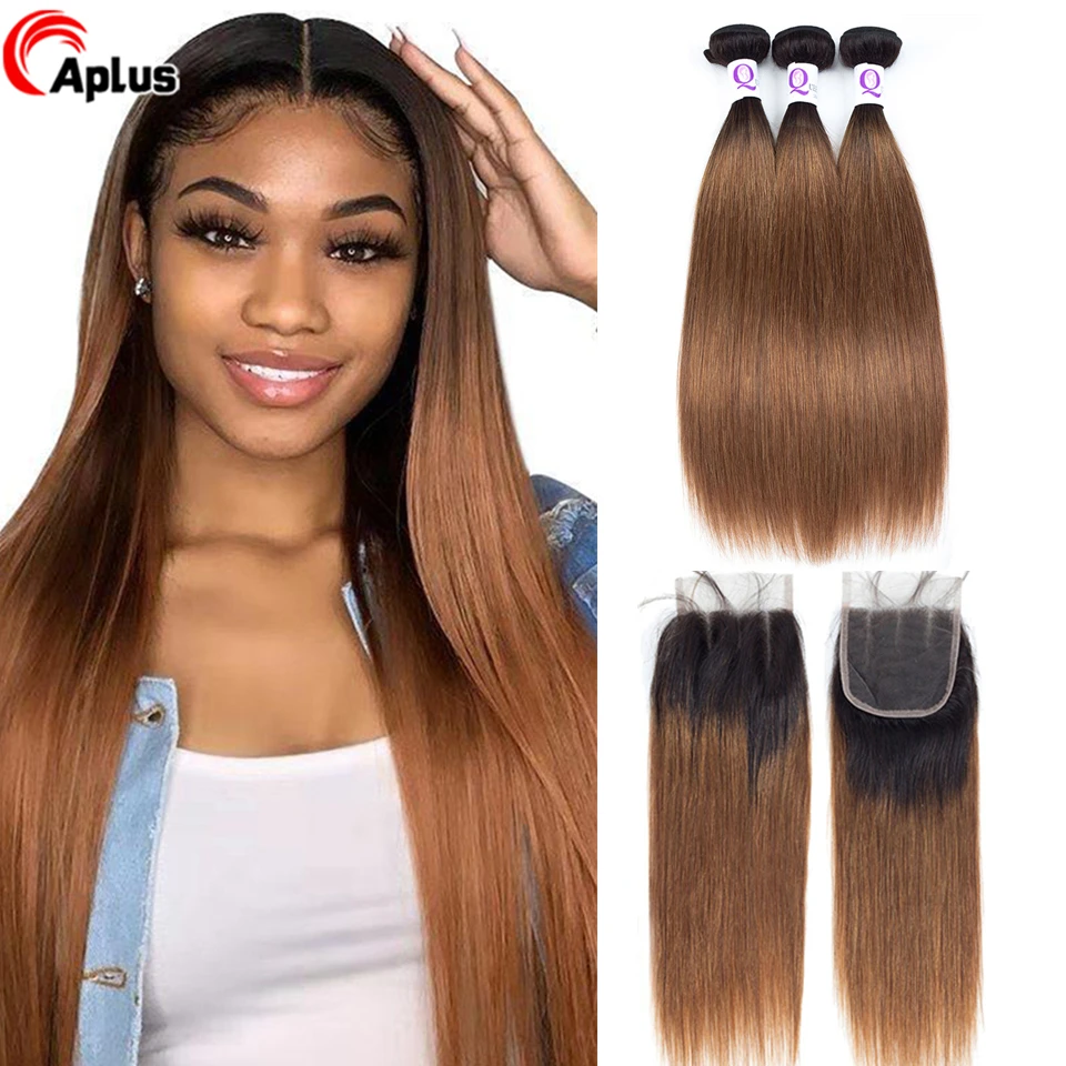 Paquetes de pelo Aplus Ombre con cierre con pelo de bebé T1b/30 paquetes de pelo recto malayo con cierre no Remy cabello humano