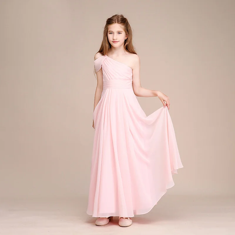 pink Шифоновые Розовые Платья с цветочным узором на одно плечо для девочек на свадьбу, трапециевидные Длинные платья без рукавов для подружек невесты для детей возрастом от 2 до 16 лет - Цвет: pink
