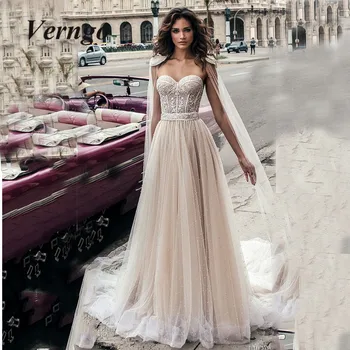 

Verngo Modern Light Champagne Wedding Dress Beach A Line Sweetheart Lace Pearls Bridal Gowns With Long Cape Beads Wedding Gown