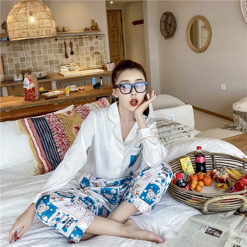 

Pajamas Women's Ice And Snow Silk Long-sleeved Trousers Home Clothes High-grade Silk Pajamas Cardigan