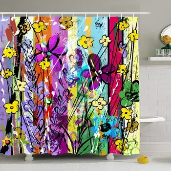 

Shower Curtain Set with Hooks 60x72 Rainbow Abstract Composition Flowers Paint Color Vertical Strokes Grunge Paper Textures