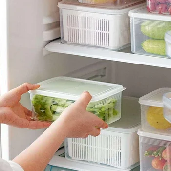 

Draining Refrigerator Fresh Box Double Layer Drain Basket Fridge Preservation Box Square Vegetable Fruit Fresh Keeping Storage