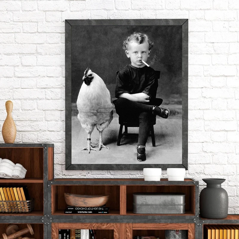 Weird-Vintage-Photography-Poster-Prints-Boy-Smoking-With-His-Chicken-Pet-Antique-Portrait-Art-Canvas-Painting (2)