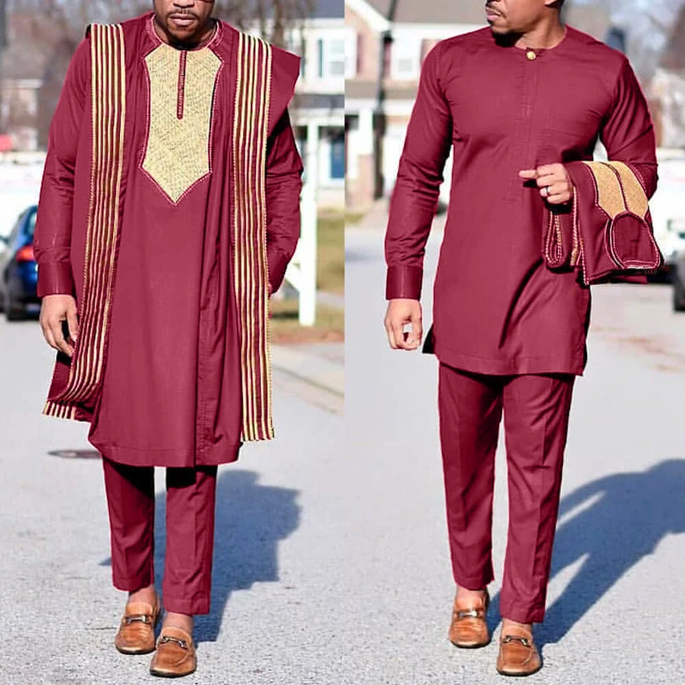 africa dress H&D African Agbada Suit For Men Embroidered Robes Dashiki Cover Shirt Pants 3 PCS Set Boubou Africain Homme Musulman Ensembles african pants