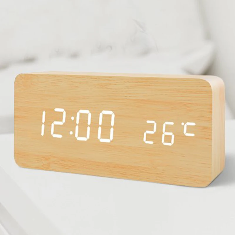 

Digital Alarm Clock, Adjustable Brightness Voice Control Desk Wooden Alarm Clock, Large Display Time Temperature/Date/USB/Batter