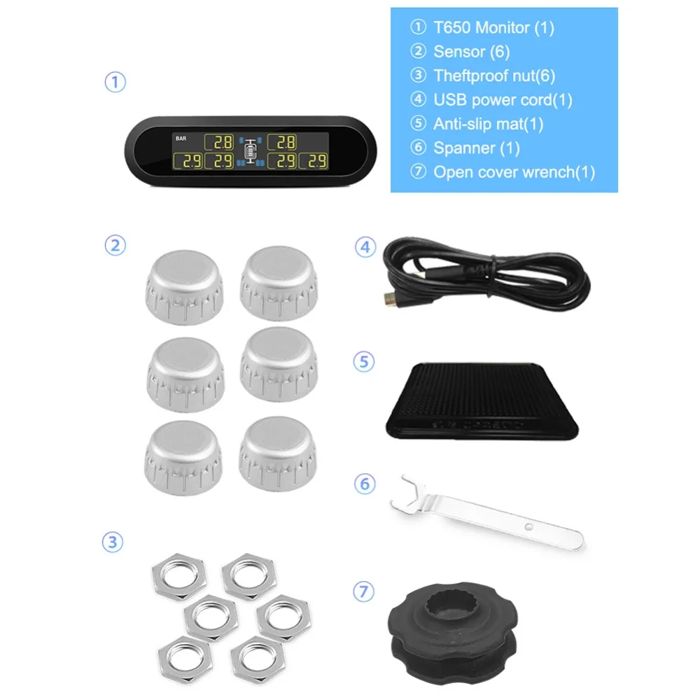 Система мониторинга давления в шинах 6 TPMS внешние датчики беспроводные колеса солнечные USB мощность TPMS для автомобиля RV транспортного средства