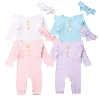 

Casual Autumn Newborn Baby Rompers Solid Cotton Ruffle Toddler Infant Girls 2PCS Clothes Set Knitted Jumpsuit+Headbands Outfit
