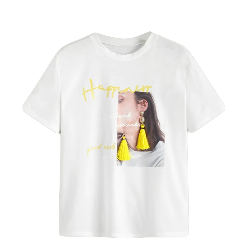 Dotfashion, белая футболка с кисточками спереди и фигурным принтом, женская уличная футболка, Летние повседневные женские топы, футболка с коротким рукавом