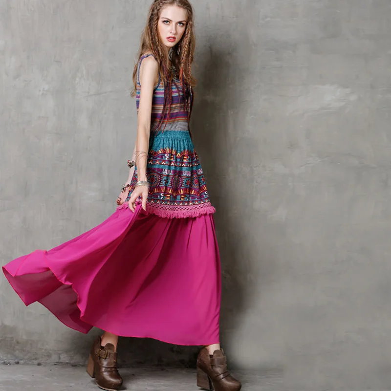 New Vintage Cotton Linen Ethnic Layer Skirt Tassel Skirt Bohemian Beach Casual Retro Boho Large Hem Maxi Long Skirts Womens