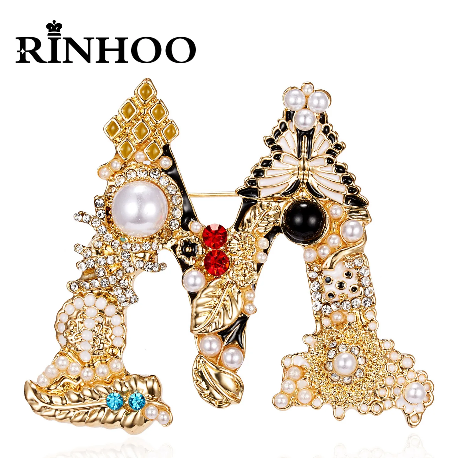 Rinhoo Vintage Rhinestone Letter A D G S M Enamel Imitation Pearls