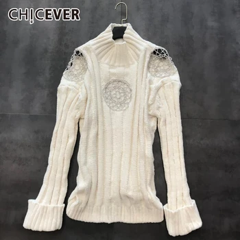 

CHICEVER Korean Hollow Out Diamond Knitted Sweater Women Turtleneck Long Sleeve Oversize Loose Pullover Sweaters Female 2020 New