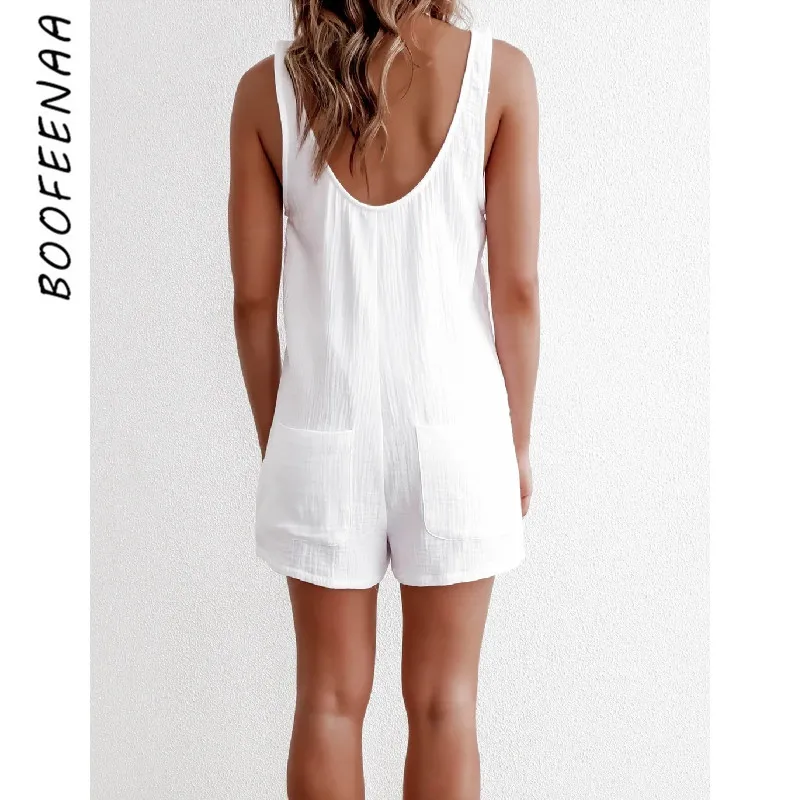 BOOFEENAA White Cotton Linen Button Up Sexy Romper Shorts Casual Backless Jumpsuit Women Summer 2020 Fashion Playsuit C34-AZ58 BOOFEENAA White Cotton Linen Button Up Sexy Romper Shorts Casual Backless Jumpsuit Women Summer 2020 Fashion Playsuit C34-AZ58