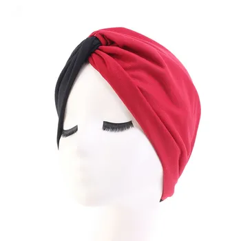 

two color Stretch Turban Ruffle Hair Hats Beanie Bandanas Scarf Head Wrap Headwear for Women 30