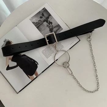 

Fashion Female Trouser Punk Belts For Women Unisex Hip Hop Jeans Square Buckle Rock Black Pu Leather Belts With Chain Ring