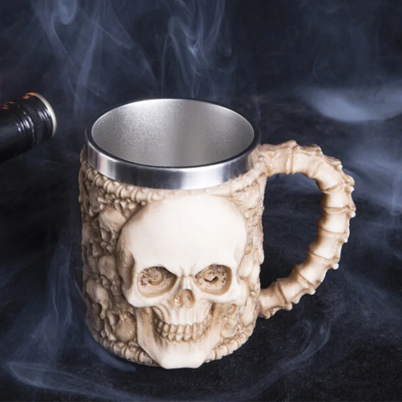 

500ML Stainless Steel Beer Mug Retro Dragon Resin Skull Knight Tankard Halloween Coffee Cup Creative Viking Tea Mug Bar Decor
