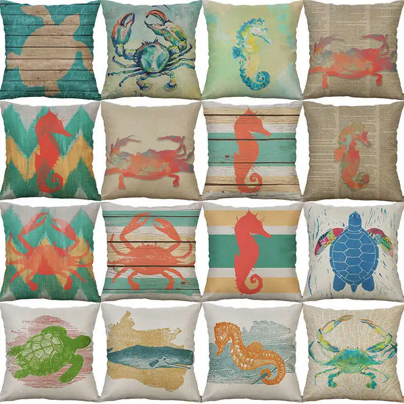

Sea Turtle Hippo Cotton Linen Pillow Case 45x45cm Fashion Printed Sofa Throw Pillow Cushion Cover Home Décor