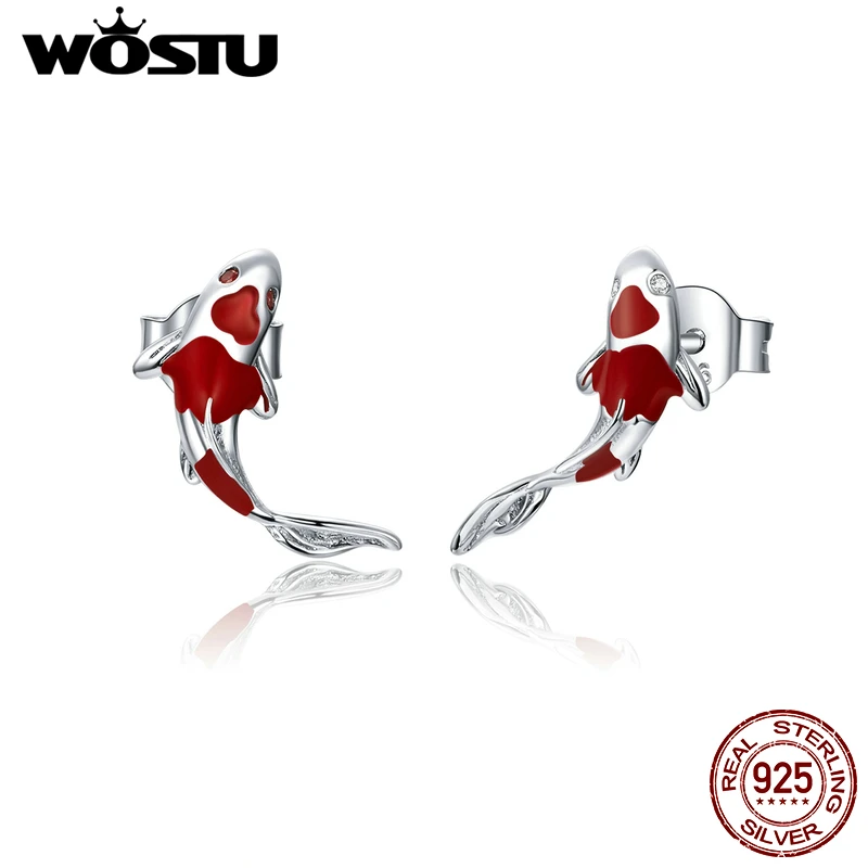 WOSTU 100% настоящие 925 пробы серебряные красные серьги-гвоздики Koi для женщин