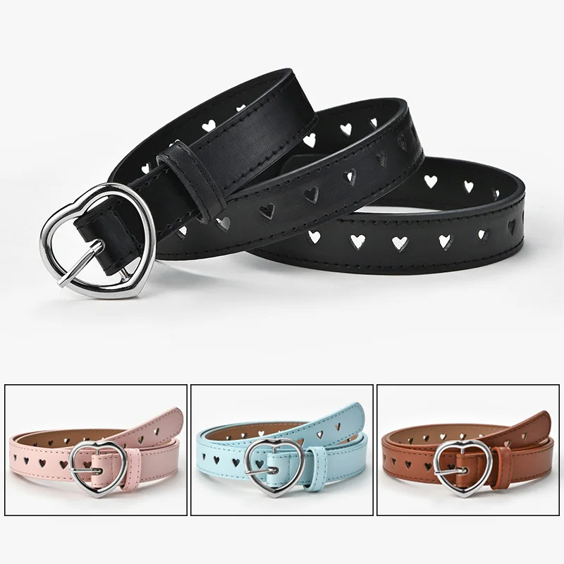 MYMC Belt Hollow Heart Shape Candy Colors Kids for Boy Girl Lady Women PU Leather Adjustable Luxury Designer Metal Buckle Belts